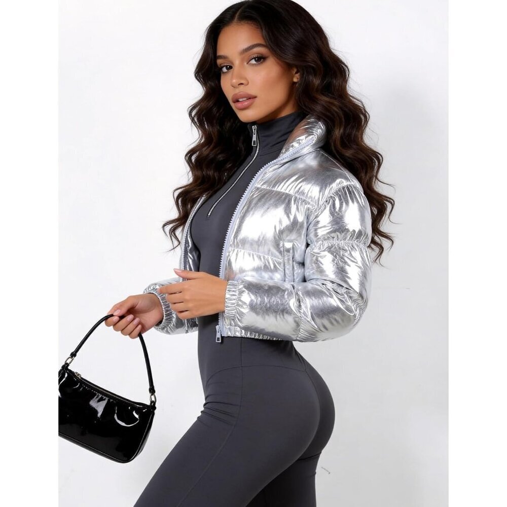 Women's Silver Metallic Cropped Zip-up Winter Coat Outerwear Puffer Jacket - Picture 5 of 6